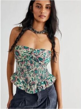 FREE PEOPLE One More Time Tube Top Smocked Floral Cream Green Ruffle Sz M